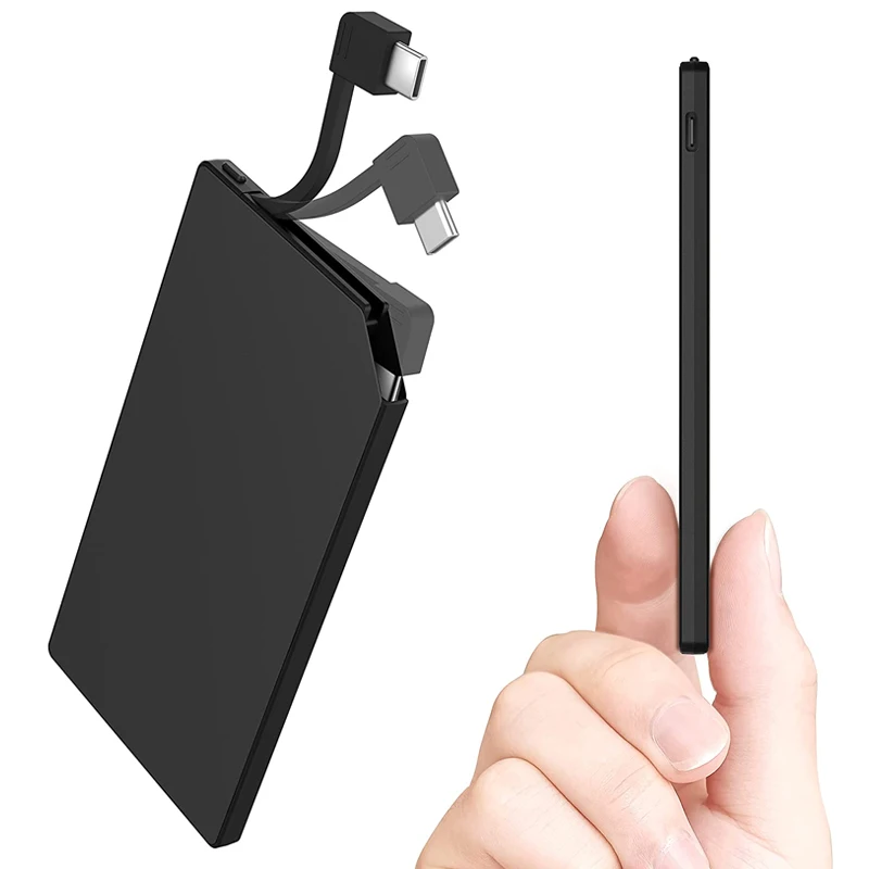 TNTOR Mini Power Bank, portable ultra-thin 6mm mini power bank, 5000mAh fast charging built-in cable, suitable for iPhone Xiaomi