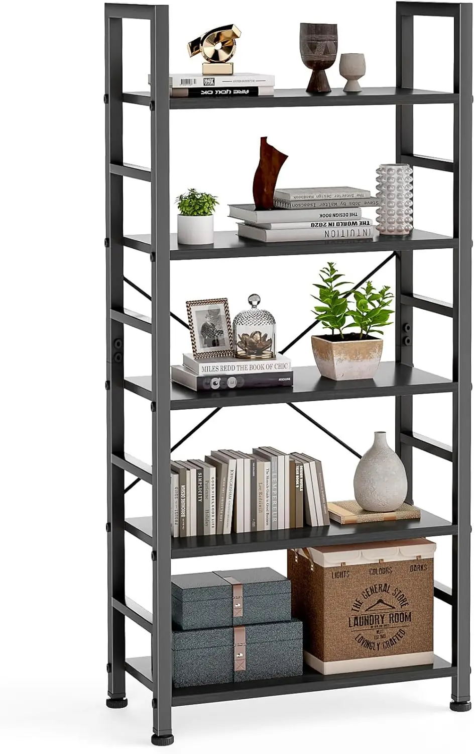 5-Tier Bookshelf, Tall Display Shelves for Living Room, Home Office Storage Organizer for Books, CDs, Movies in Modern Black
