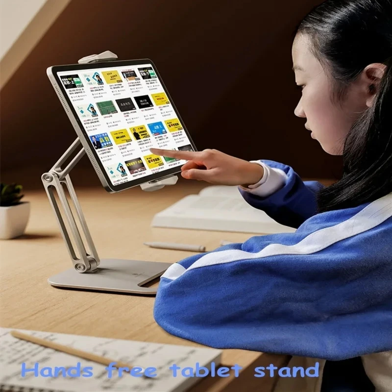 Long Arm Aluminum Alloy Tablet Stand Adjustable Folding iPad Stand Ergonomic 360°Rotatable Tablet and Phone Clamp Mount Holder