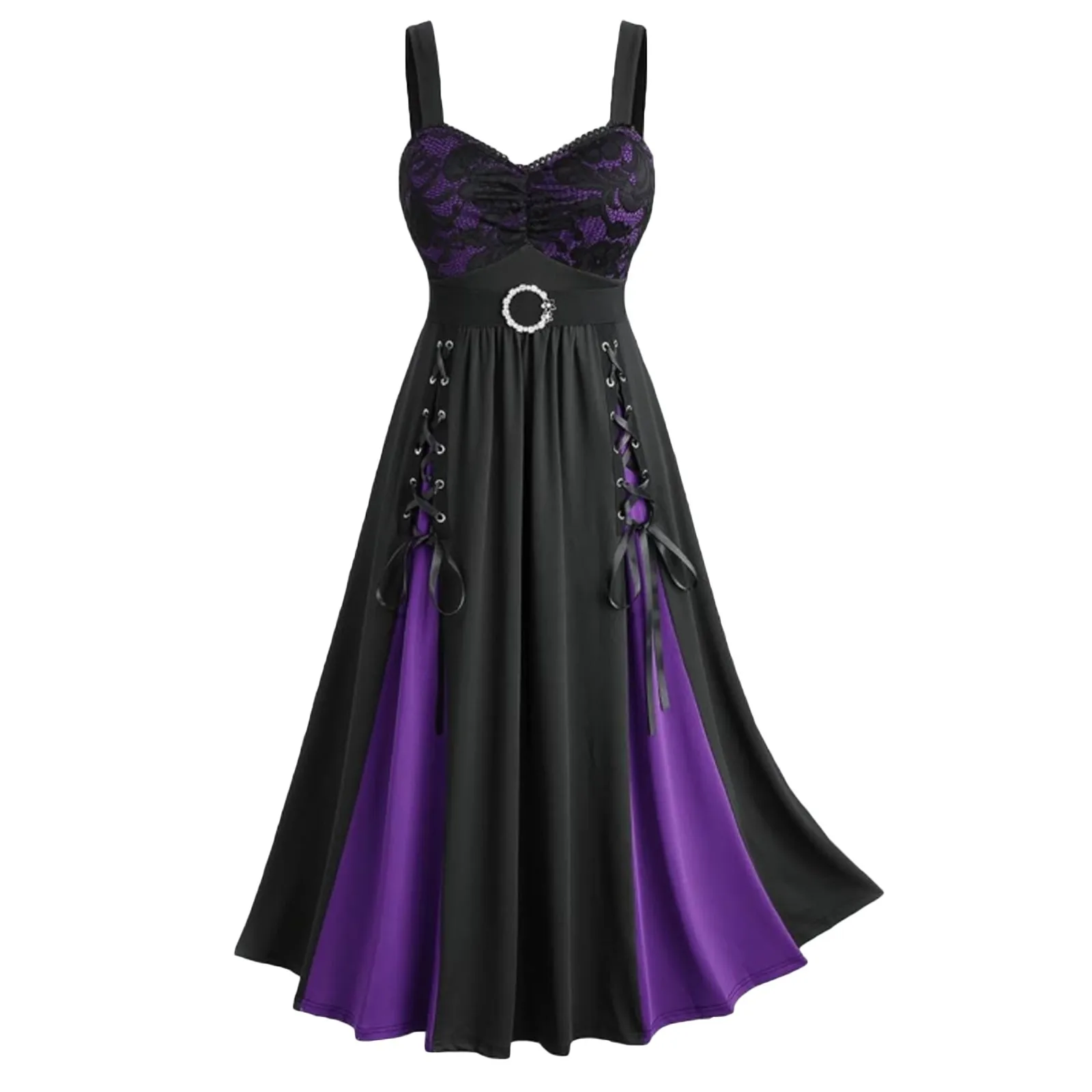 

Halloween Plus Size Dresses Floral Lace Panel Lace-up Patchwork Colorblock Dress with Removable Buckle Belt Women Clothing 2025
