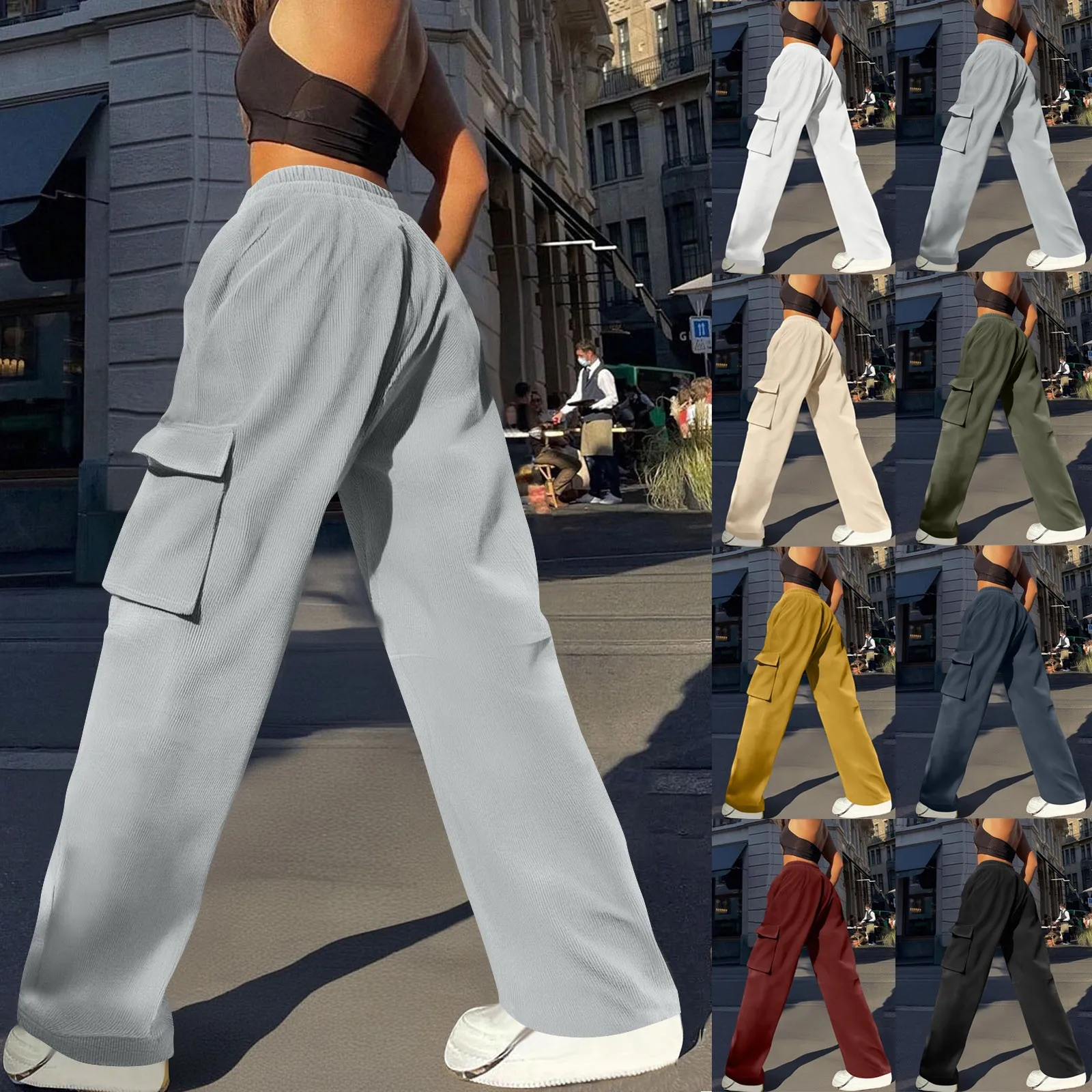 

Fashion Retro Cargo Pant Women Solid Color Spring Summer New Elastic Waist Pocket Trousers Loose Long Pants Casual Outfit Wear
