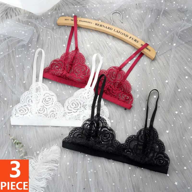 

3PCS/SET Floral Lace Bra Adjustable Push Up Bra Transparent Ultra Thin Lingerie Woman Wireless Lace Underwear Tube Top