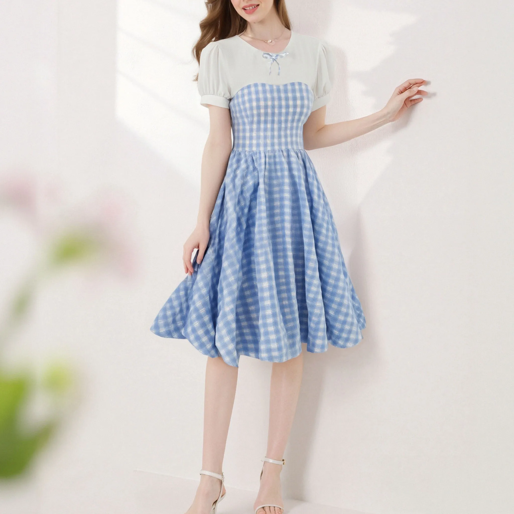 

2025 White and Plaid Elegant Puff Sleeve Patchwork Summer Dress Women Vintage Style Clothes O-Neck Bow Front Pleated Dresses