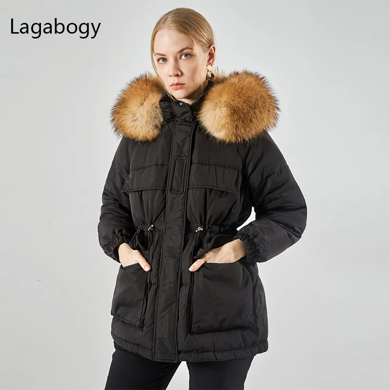 

Coat 2023 Winter 90% White Duck Down Women Large Natural Raccoon Fur Hooded Warm Jacket Sash Tie Up Parkas Snow Outwear