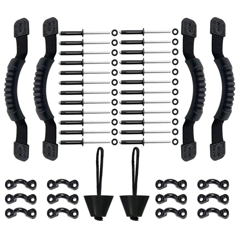 4Pcs Kayak Carry Handles,12Pcs C-Shaped Buckles With 24 Tri-Grip Rivet Kit For Kayaks,Universal Kayak Scupper Plug