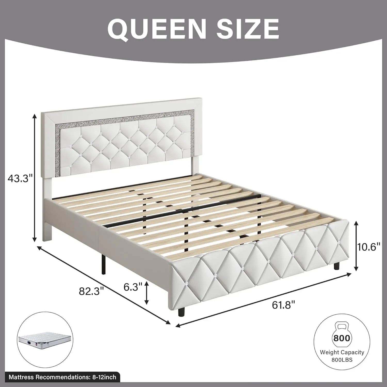 Queen Bed Frame, Upholstered Platform Bed with Button Tufted Headboard, Princess Platform Bed with Crystal Design, Wooden Slats