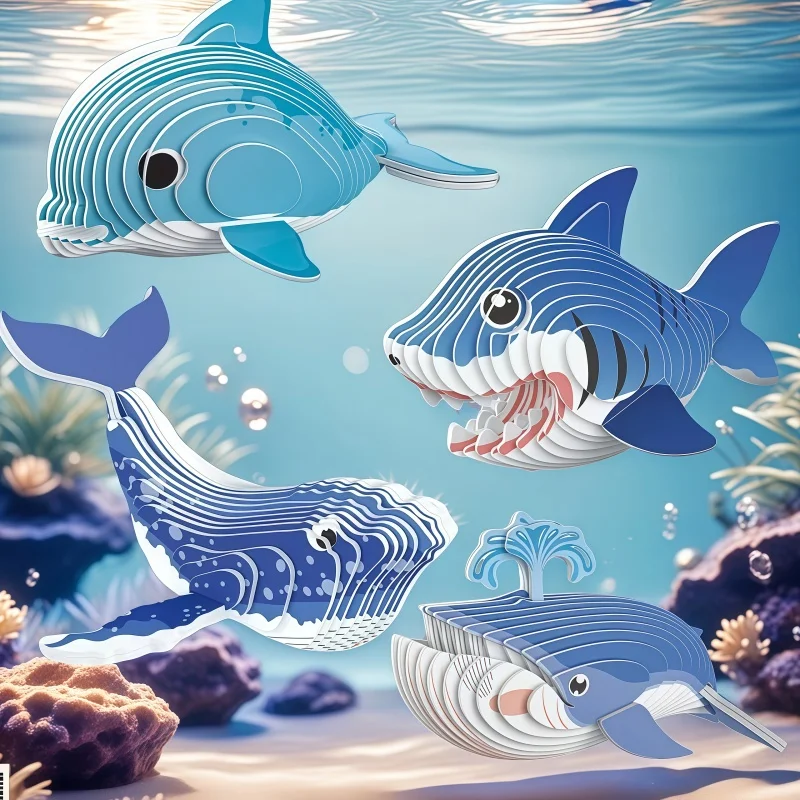 Set of 4 3D Marine Animal Puzzles, Dolphin, Shark, Whale DIY Cardboard Models, Educational Handmade Toys for Children