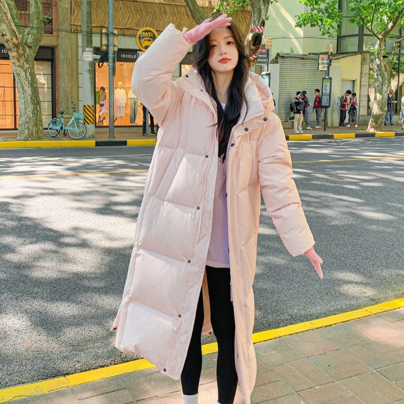 

Теплые утепленные пуховые хлопковые пальто 2025, зимнее женское модное однотонное длинное пуховое хлопковое пальто с капюшоном и подкладкой