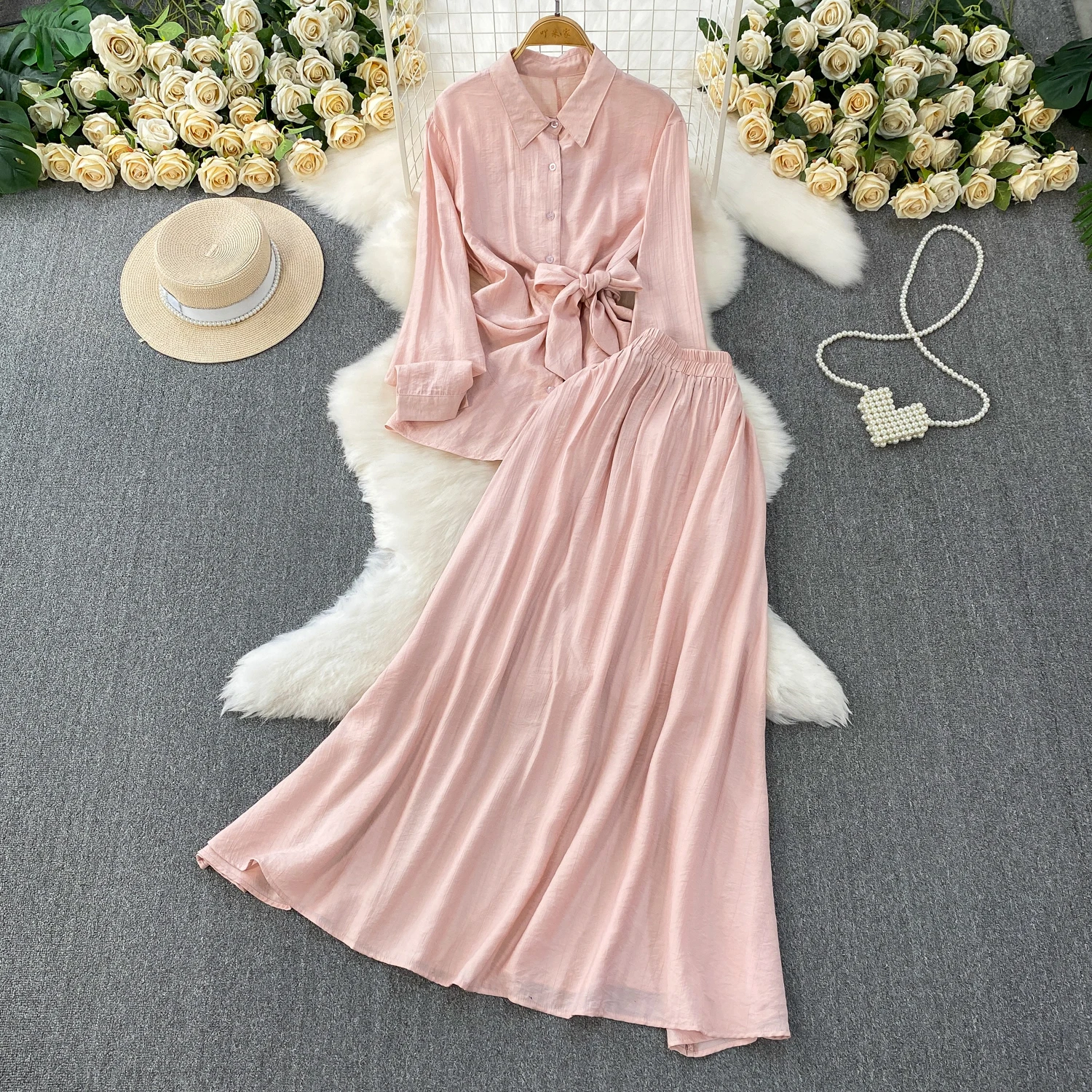 

SuperAen Pink Long-sleeved Women Summer New Lace-up Waist Sun-protective Shirt High-waisted A-line Skirt Two-piece Sets