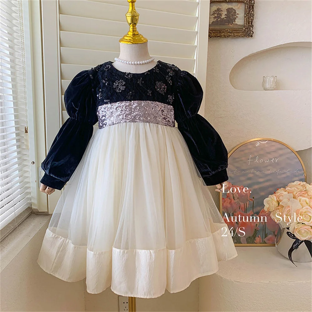 

D6006 French Embroider Dress Autumn Mesh Skirt Long Sleeved Girls' Dress Princess Skirt Fluffy Skirt