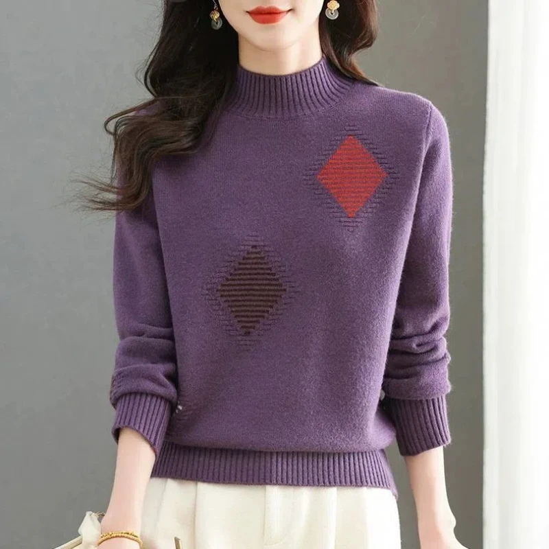 

Long Sleeve Sweater Knitted Pullover Women's Clothing Elegant Autumn Winter Geometric Contrast Color O-Neck Stylish Tops XQ278