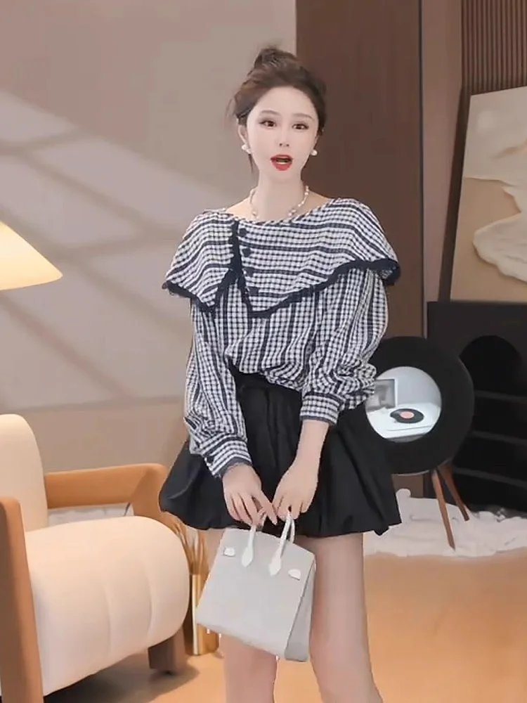 

Spring 2025 Women's Plaid irt And ort Skirt Set with Lace Design Classic Faion European Korean Sle Long Sve round ...