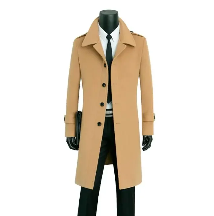 Single-breasted woolen coat men casual trench coats black long sleeves overcoat mens cashmere coat youth lapel england grey 8945