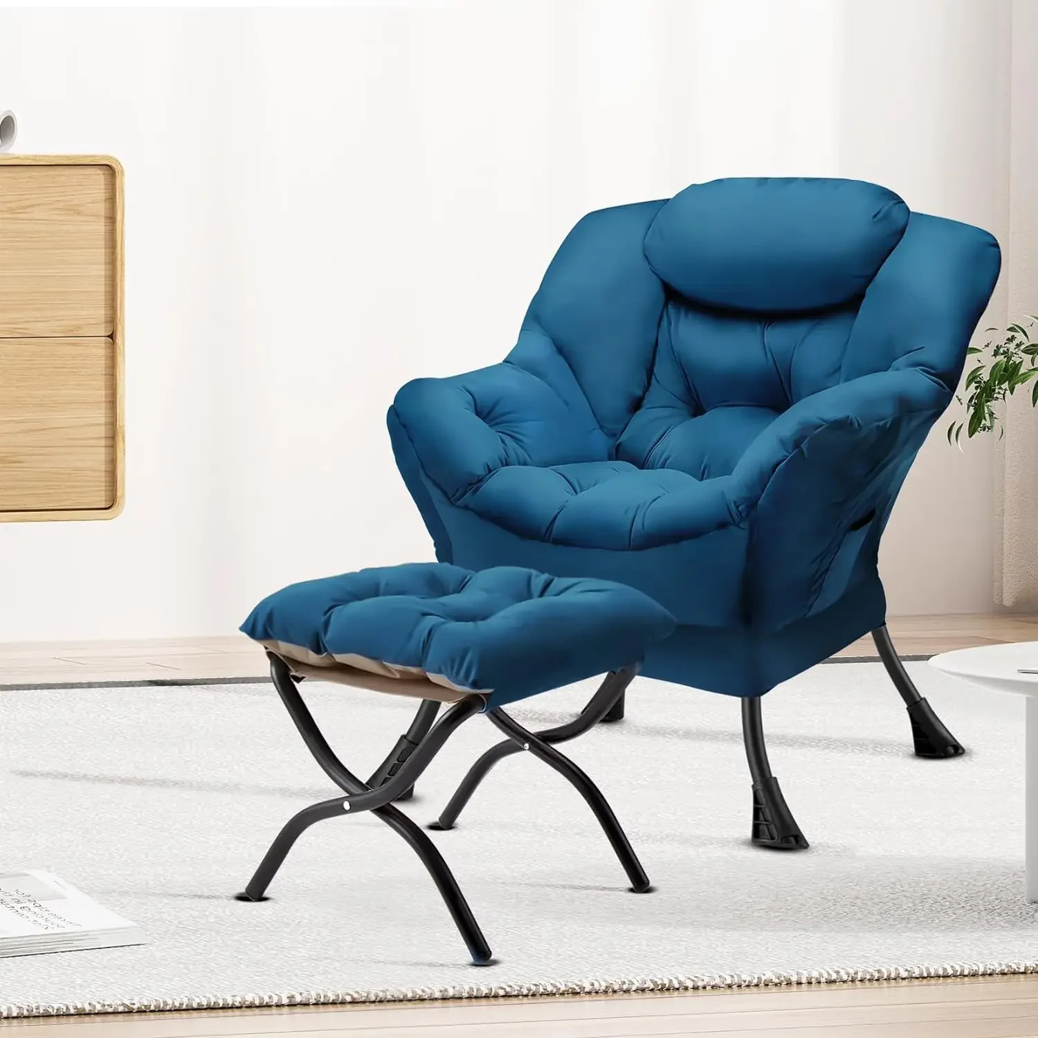 Sedia pigra con pouf pieghevole sedia moderna con accento grande, poltrona da salotto contemporanea per il tempo libero con braccioli divano imbottito