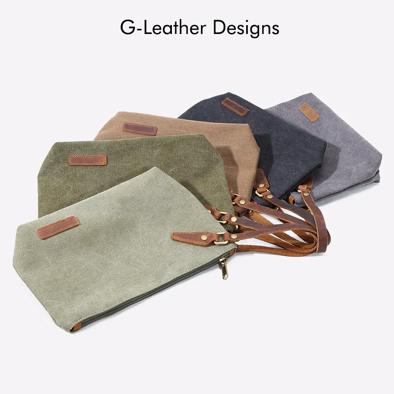 Casual Canvas Organizer Bag With Genuine Leather Wrist Strap Men Women Clutch Bag Wash Bag Travel Cosmetic Bag