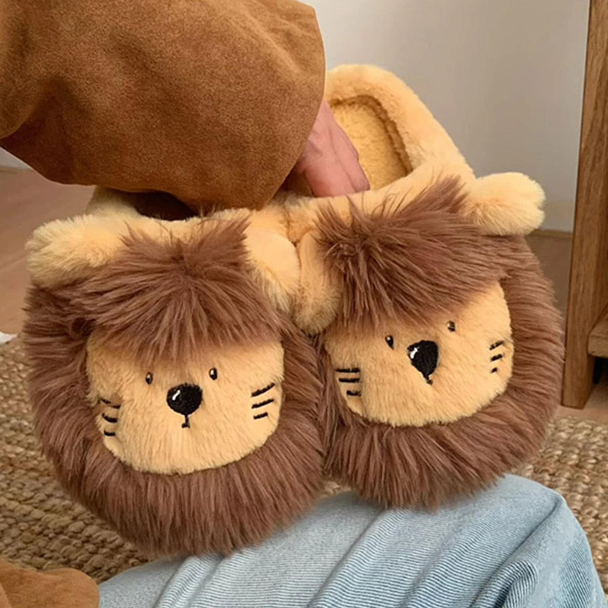 Women House Fur Slippers Casual Cute 3D-shaped Lovely Lion Design Yellow Khaki Winter Indoor Non-slip Warm Soft Soles Comfy Home