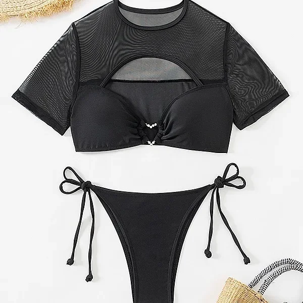 

Женский однотонный купальник с разрезом, летняя пляжная одежда, женская мода, бикини, комплект из 2 предметов, солнцезащитный сетчатый пляжный купальник с короткими рукавами