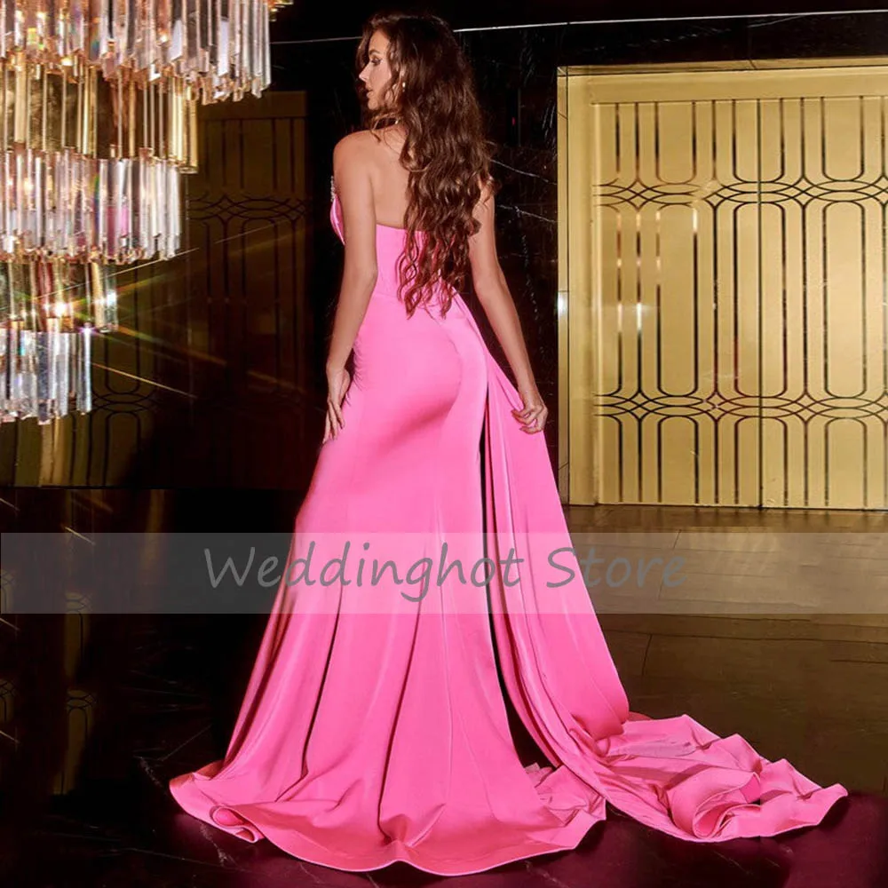 Peach Satin Evening Dress Luxury Sparkly Diamonds Sweetheart Mermaid Evening Gown For Women Side Slit Draped Sexy Party Dresses