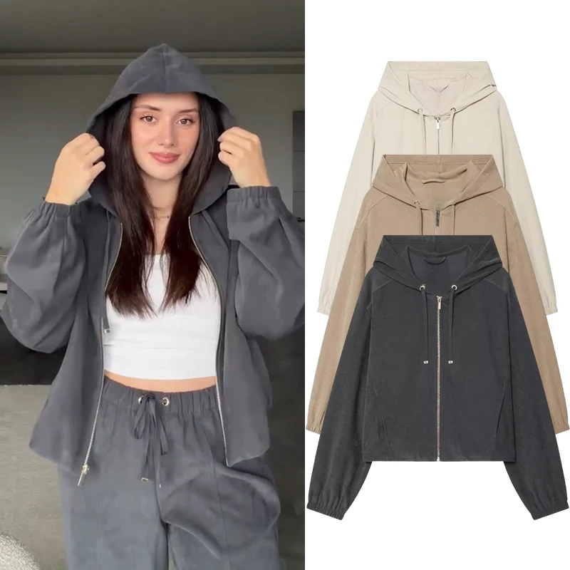 Women Hooded Zip Up Jacket Long Sleeve Casual Loose Bomber Coat Female Solid Color Elastic Cuff Spring Autumn Outerwear