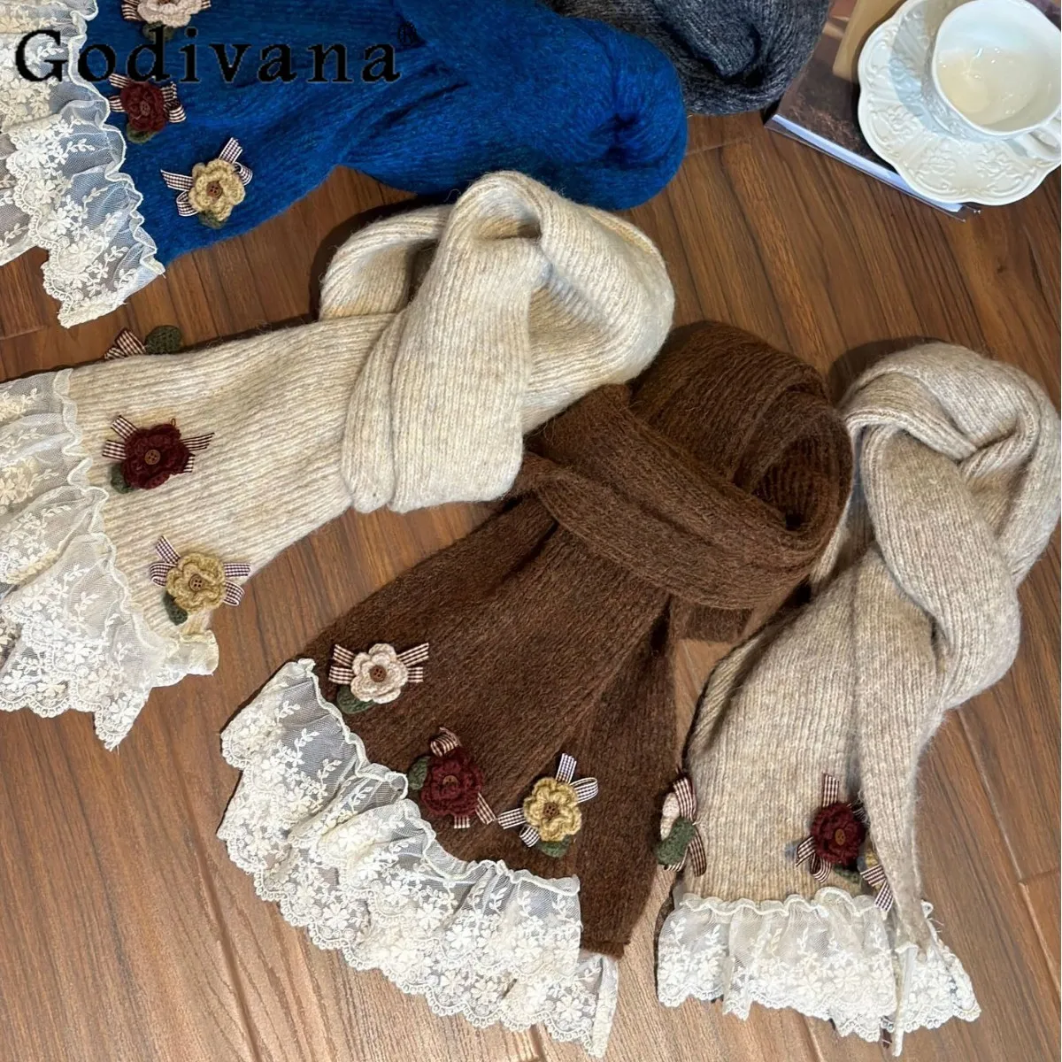 Vintage Mori Girl Japanese Sweet Embroidery Lace Knitted Scarf Women's Warm All-Match Girl Scarf Autumn and Winter New