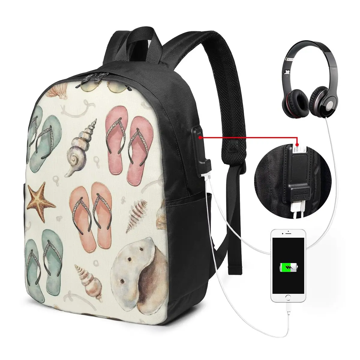 Watercolor Design Flip Flops Beach Backpack Travel Notebook Bag Computer College Student School Bag Laptop Shoulder Bags