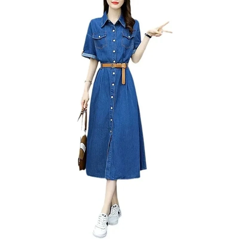 Vintage Denim Shirt Dress Female 2024 Summer New Korean Fashion Slim Short Sleeve A-line Dress With Belt Casual Women\'s Clothing