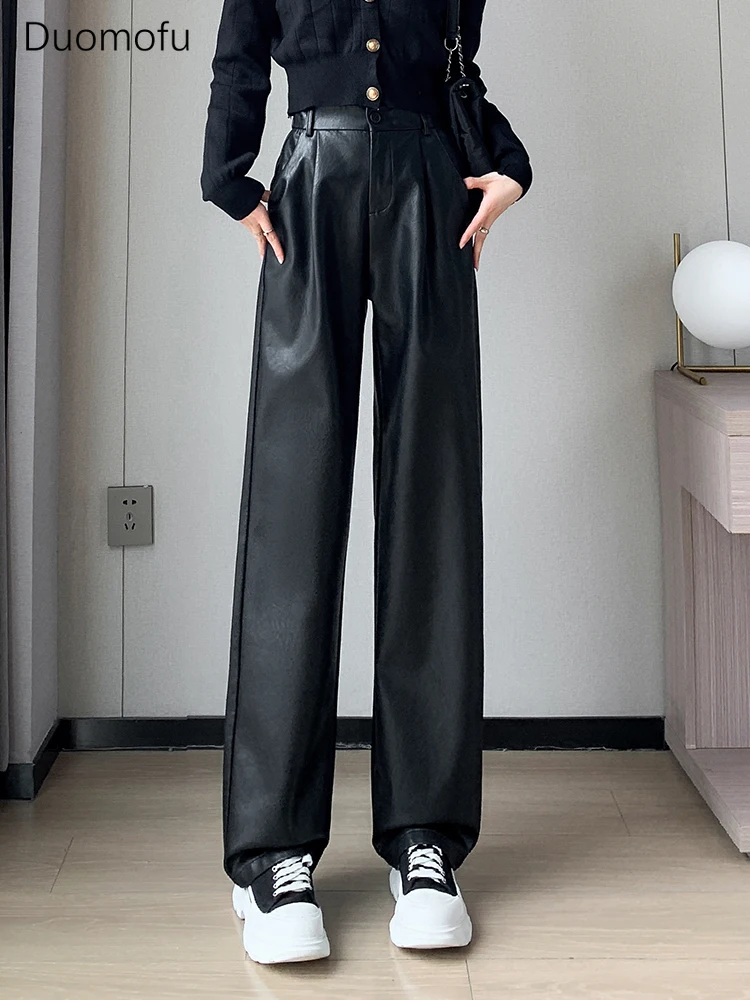 

Duomofu Women's High Waist Pockets Straight Leg Jeans Leather Look Pants Elastic Waist Wide Leg Black Trousers Female 2024 New