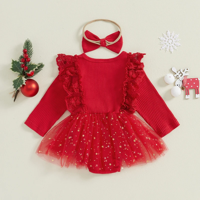 Newborn Girl Christmas Romper Dress Lace Ruffle Long Sleeve Ribbed Santa Baby Stars Tulle Tutu Bodysuit Xmas Dresses Headband