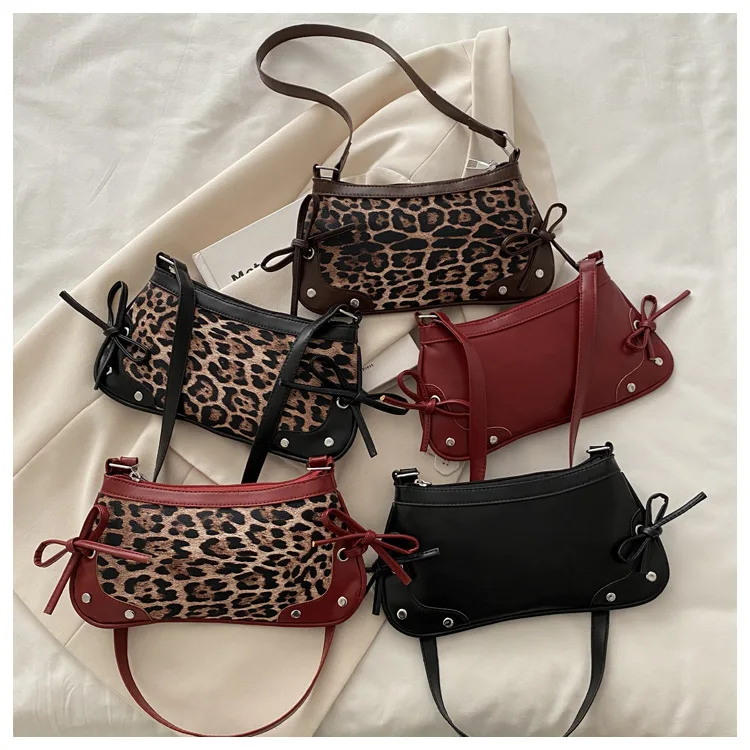 

New Armpit Bag Trendy Shoulder Bag for Women Sweet Double Bow Handbag Ladies Bag Retro Fashion Female Leopard Print Shoulder Bag