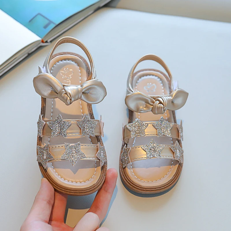 Kleine Meisjes Glitter Ster Sandalen Leuke Strik Prinses Schoenen Voor Meisjes Birthday Party Gold Flats Sandalen Casual Leren Schoenen