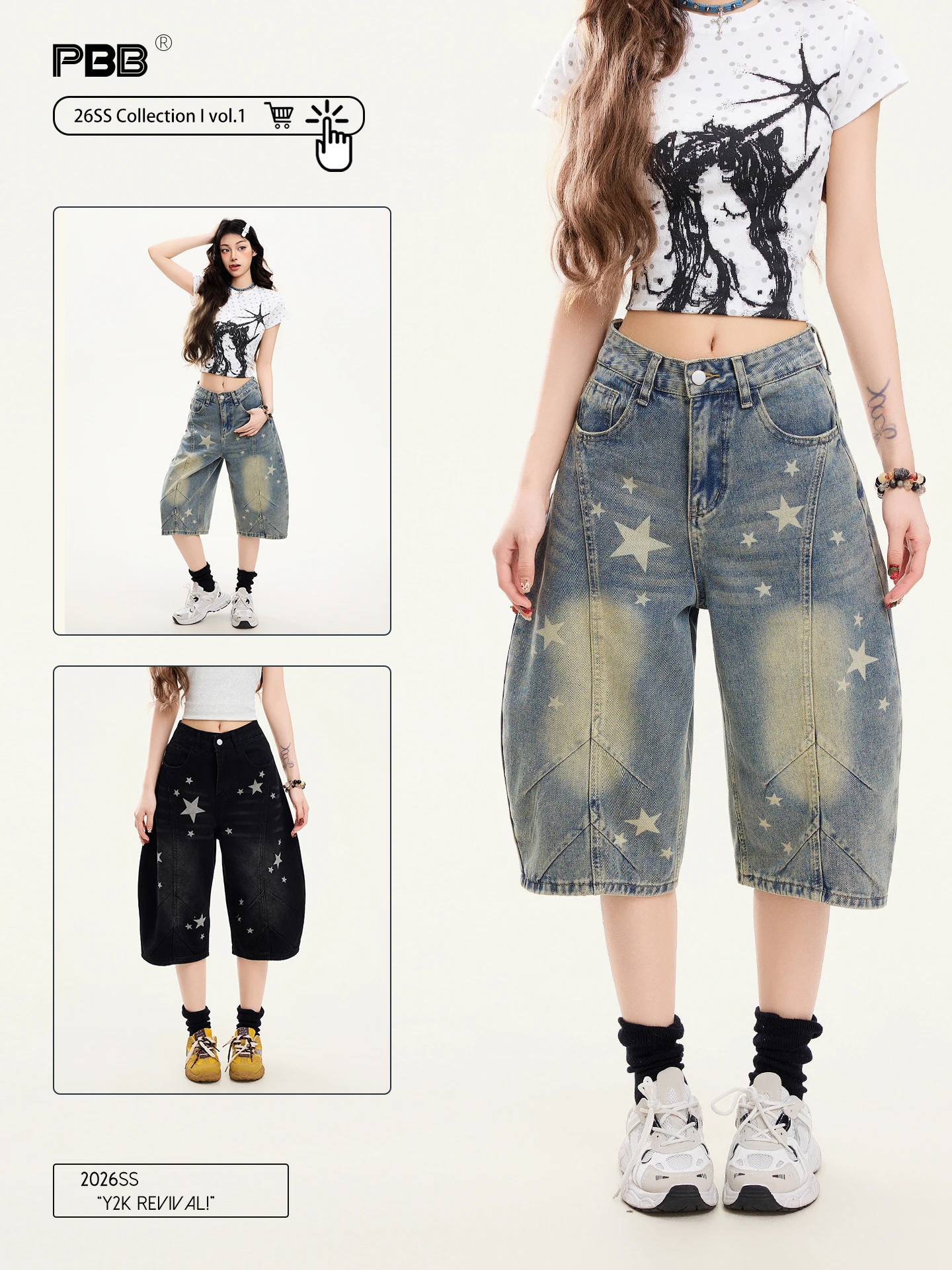 

Женские джинсовые шорты-бриджи PBB в американском стиле с принтом звезд, свободного кроя, с декоративной строчкой, прямые, средней длины