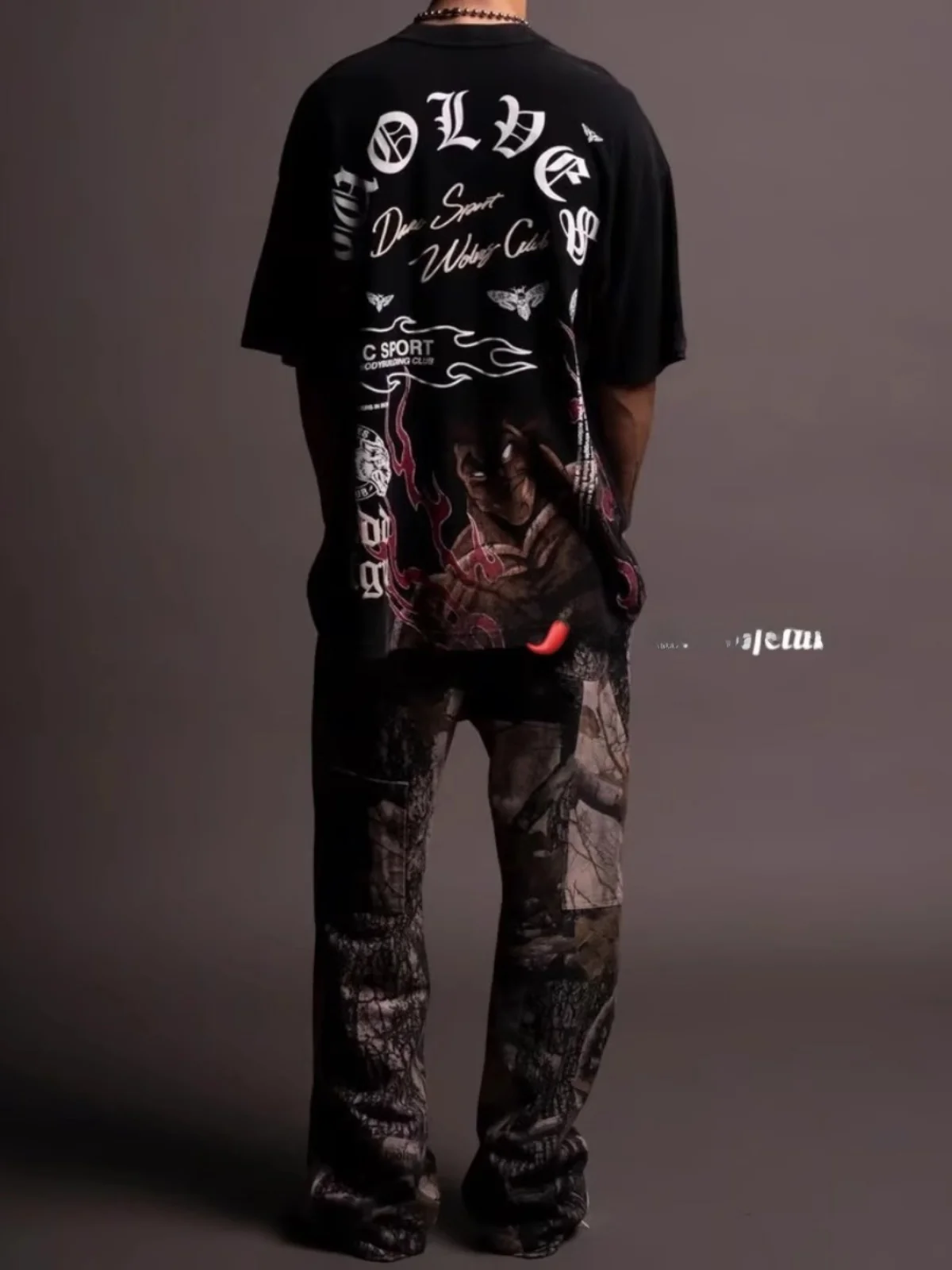 Camiseta holgada con estampado de cabeza de lobo de talla grande 300 Pou para mujer, Top coreano de algodón puro de longitud media