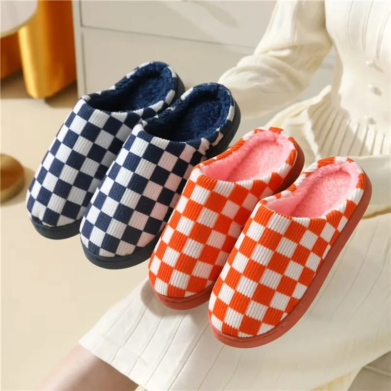 Fuzzy Slipper Womens Plaid Winter Warm Home Kawaii Pluche Katoen Indoor Grappig Schattig Huis Vloer Schoenen Vrouwelijke Dambord 2025