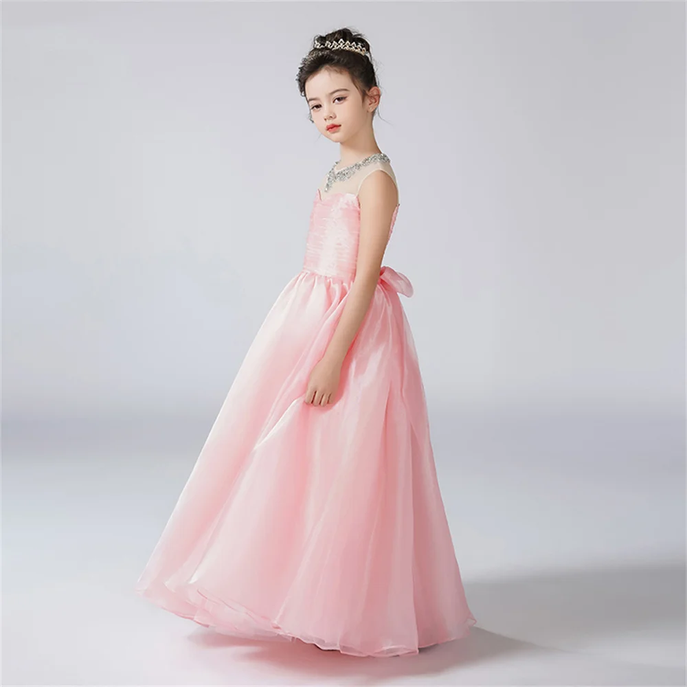 Dideyttawl Customized Organza Pleats O-Neck Dress For Girl Flower Girl Dresses Sleeveless Kids Birthday Formal Princess Gowns