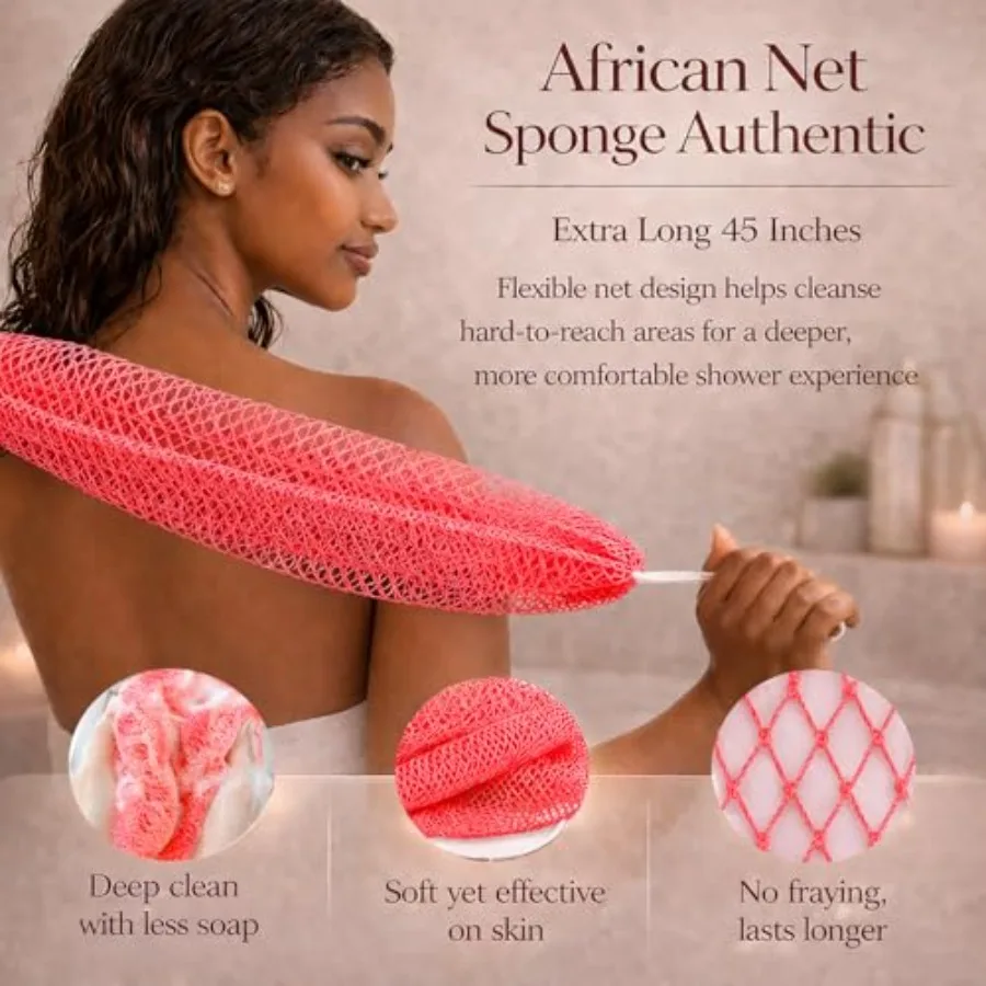 African Net Sponge Authentic, 3 Pcs Real African Exfoliating Net Sponge with Knots for Daily Shower Stretch Back Scrubber for W view 3