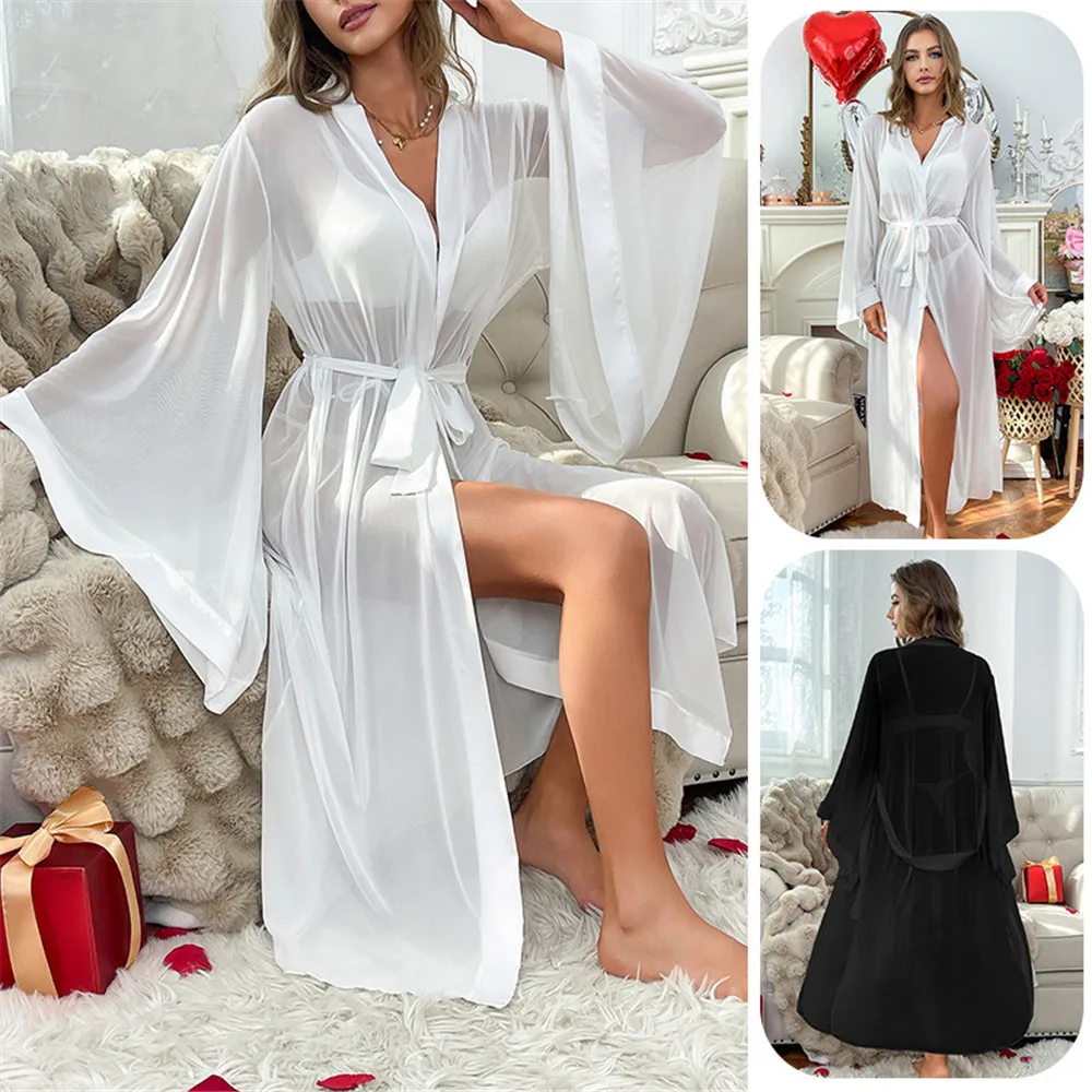 

Сетчатое кимоно с расклешенными рукавами, банный халат, женская шифоновая ночная рубашка, одежда для сна, свадебный халат, одежда для дома, сексуальная домашняя одежда, нижнее белье