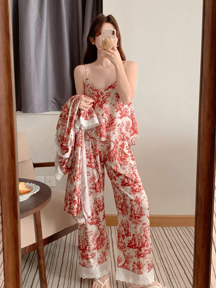 Lazy Sweet Simple New Home Sexy V-Neck Night-robe Long Sleeve  Print Korean Style Pajama Set Women Totem Loose Sleepwear Ins