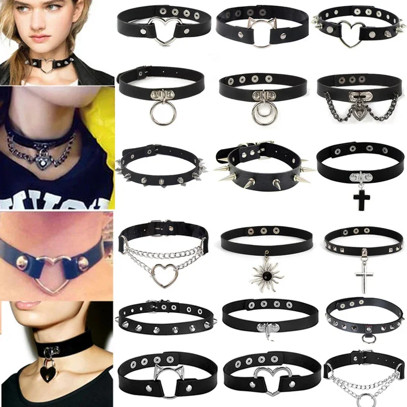 New Cosplay Harajuku Punk Rock Gothic Collar Choker Sexy PU Leather Heart Cross Spike Collar Choker Necklace Body Accessories