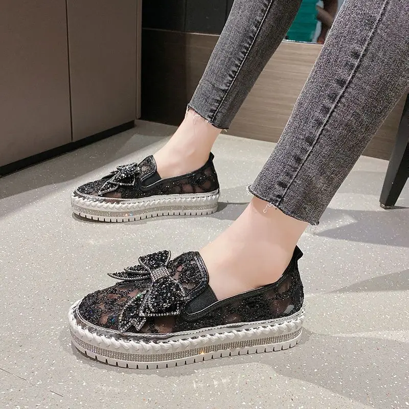 

Women's Summer Loafers 2026 New Breathable Thin Bow Platform Thick Sole Slip On Lazy Shoes Casual Mary Janes
