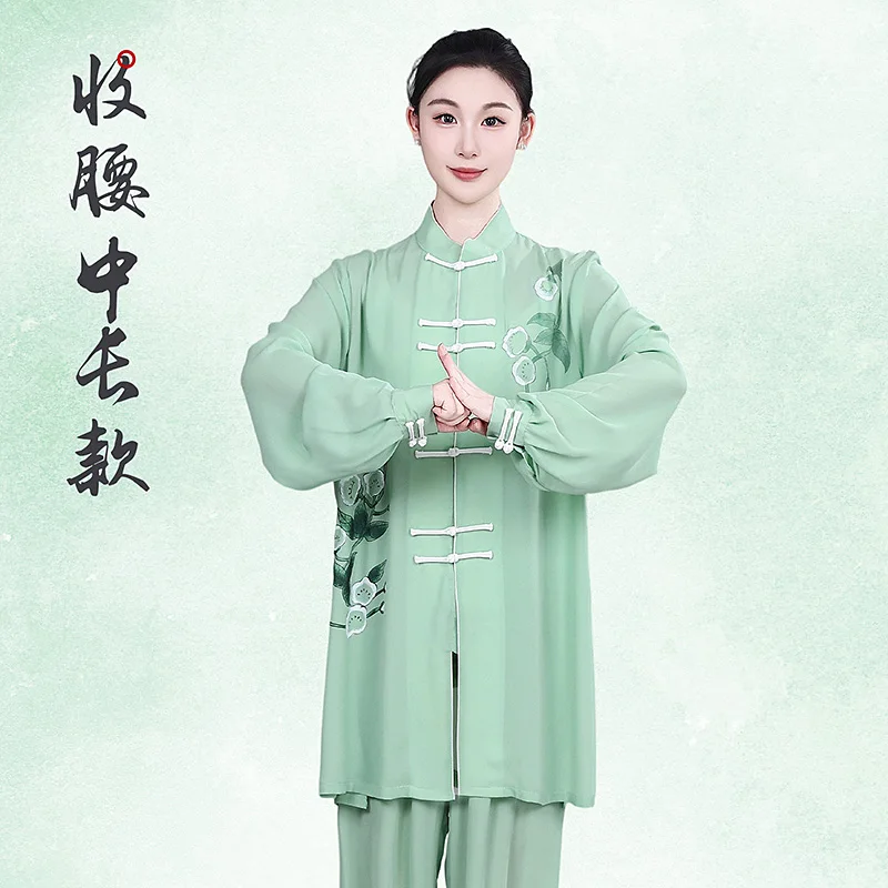 Women's Tai Chi Suit Sheer Sleeve Silver-Threaded Martial Arts Training & Morning Exercise Wear Group Competition Performance Ou