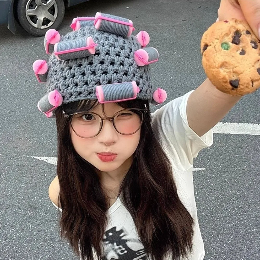 Playful Warm Hair Curler Knitted Hat Thick Soft Pullover Cap Funny Stretchy Curly Hair Yarn Beanie Outdoor