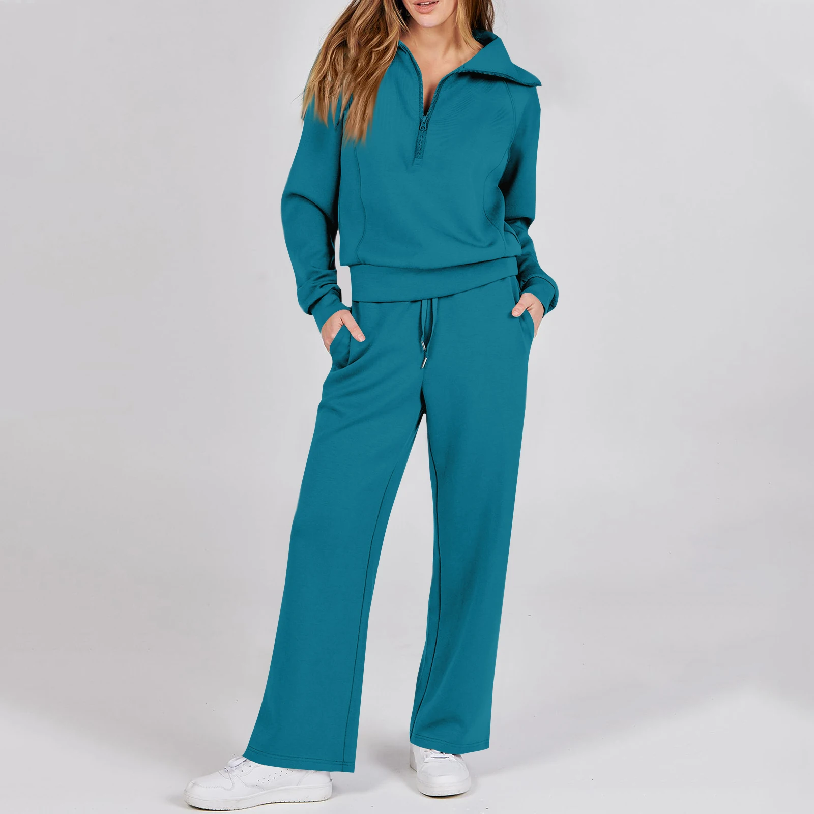 

Active Fashion Women Two Piece Set Half Zip Collar Sweatshirt Popular Wide Leg Pants Pocket Design Comfy Lounge Sports Outfit