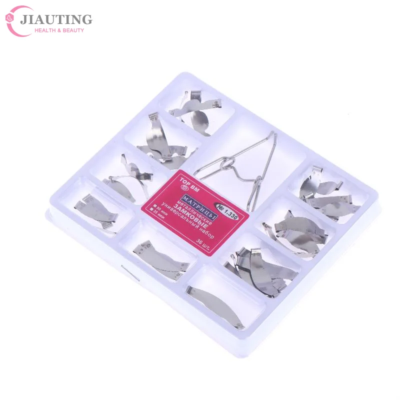 36Pcs/Box Metal Dental Saddles Contoured Metal Matrices Matrix Kit With Spring Clipse 0.05MM Sectional Forming Clips Kit No.1330