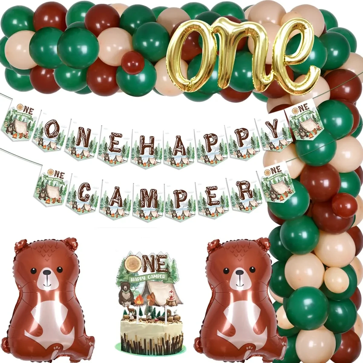 

Sursurprise One Happy Camper Forest Camping 1st Birthday Supplies, First Birthday Party Decorations with One Happy Camper Banner