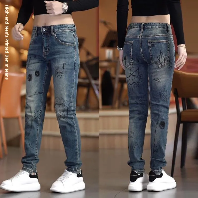 

2025 New Men's Printed Jeans Casual Slim Fit Elastic Faionable Korean Sle Long Pants Cotton Urban Wear Spring Season