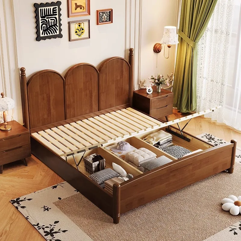 wood bed Nordic modern simple 1.5M double 1.8m medium and ancient wind master bedroom French retro bed small apartment