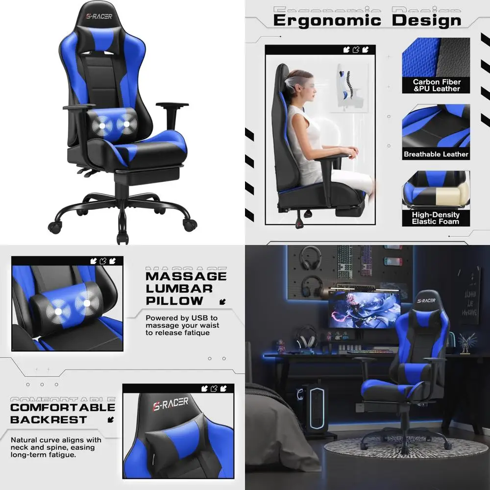 Ergonomischer Gaming-Stuhl mit Fußstütze, Massage-Lendenwirbelstütze, höhenverstellbarer Kopfstütze und Drehgelenk für komfortables Spieles