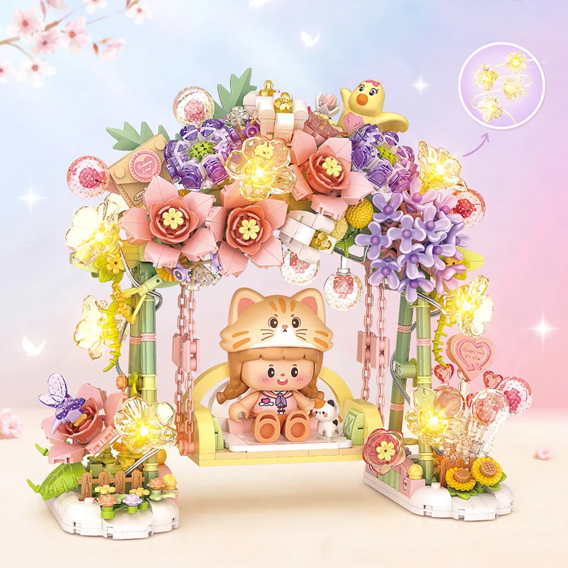 Creative Romantic Flower Swing Mini Block Model Girl Figures Building Bricks Construction Toys Collection With Light For Gifts