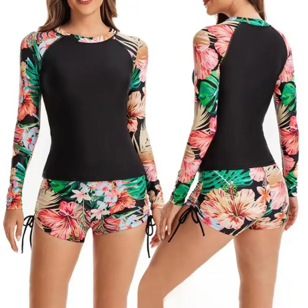 

Elastic Waist Trunks Long-sleeved Swimsuit Floral Print Women's Swimsuit Set with Round Neck Zipper Closure 2 for Conservative