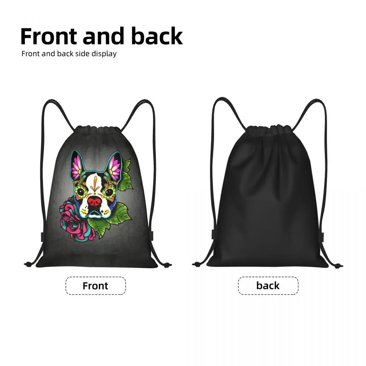 Mochila con cordón para hombre, bolsa ligera con diseño de calavera de azúcar, perro, gimnasio, deportes, viaje, Día de los muertos, Boston Terrier